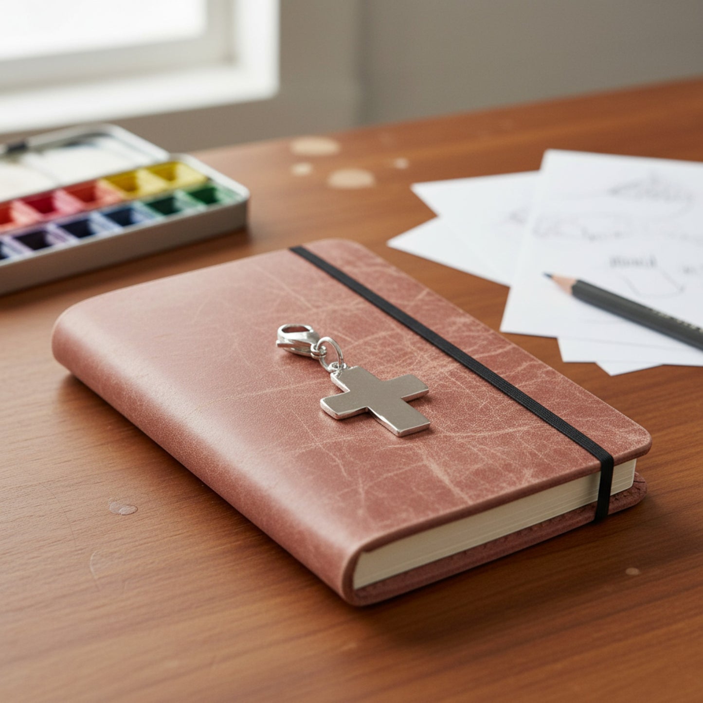 Hackberry Creek silver distressed cross charm with lobster clasp resting on a pink leather journal on a wooden desk.