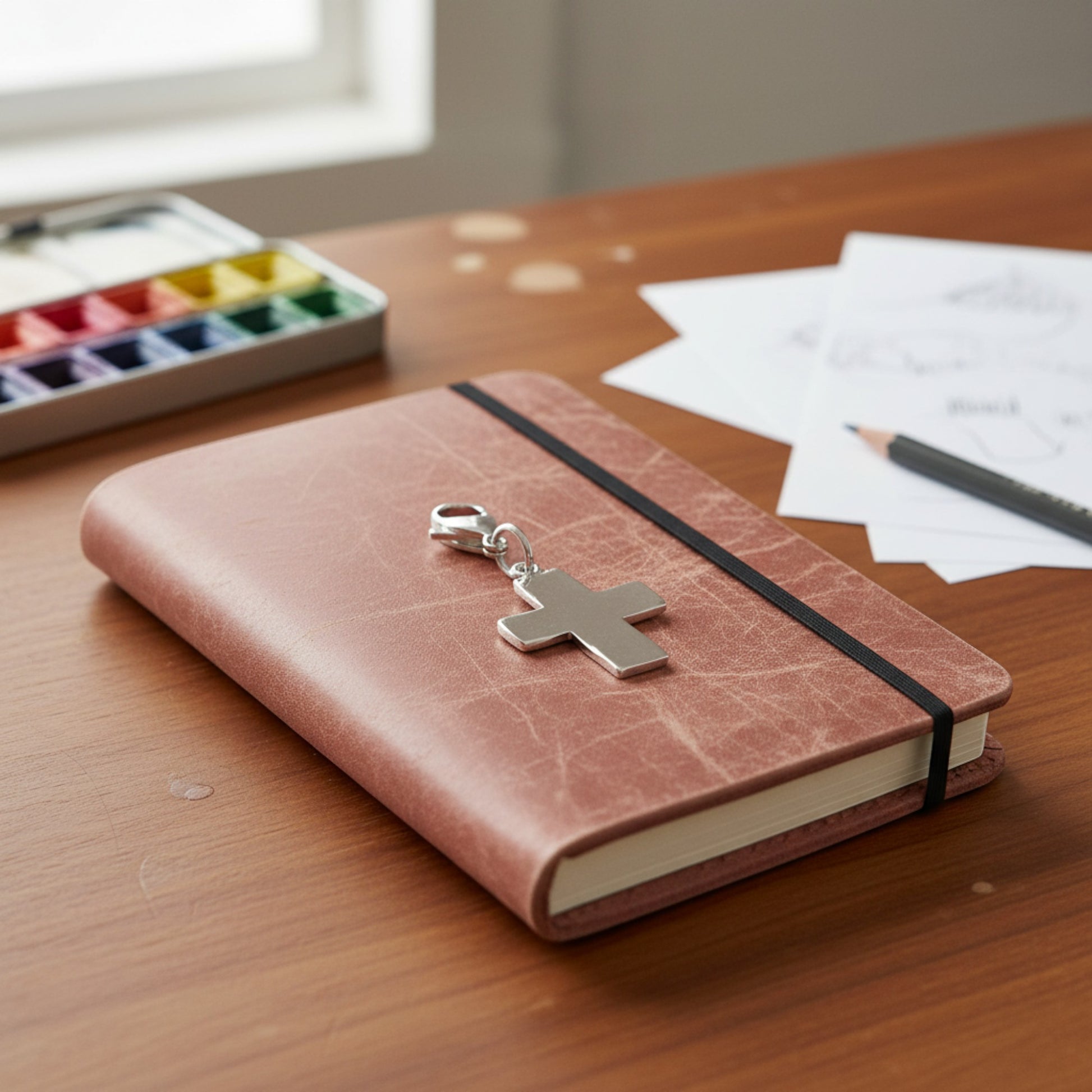 Hackberry Creek silver distressed cross charm with lobster clasp resting on a pink leather journal on a wooden desk.