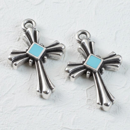 Hackberry Creek silver plated cross pendants with aqua enamel accents, art deco style, 2 pack.
