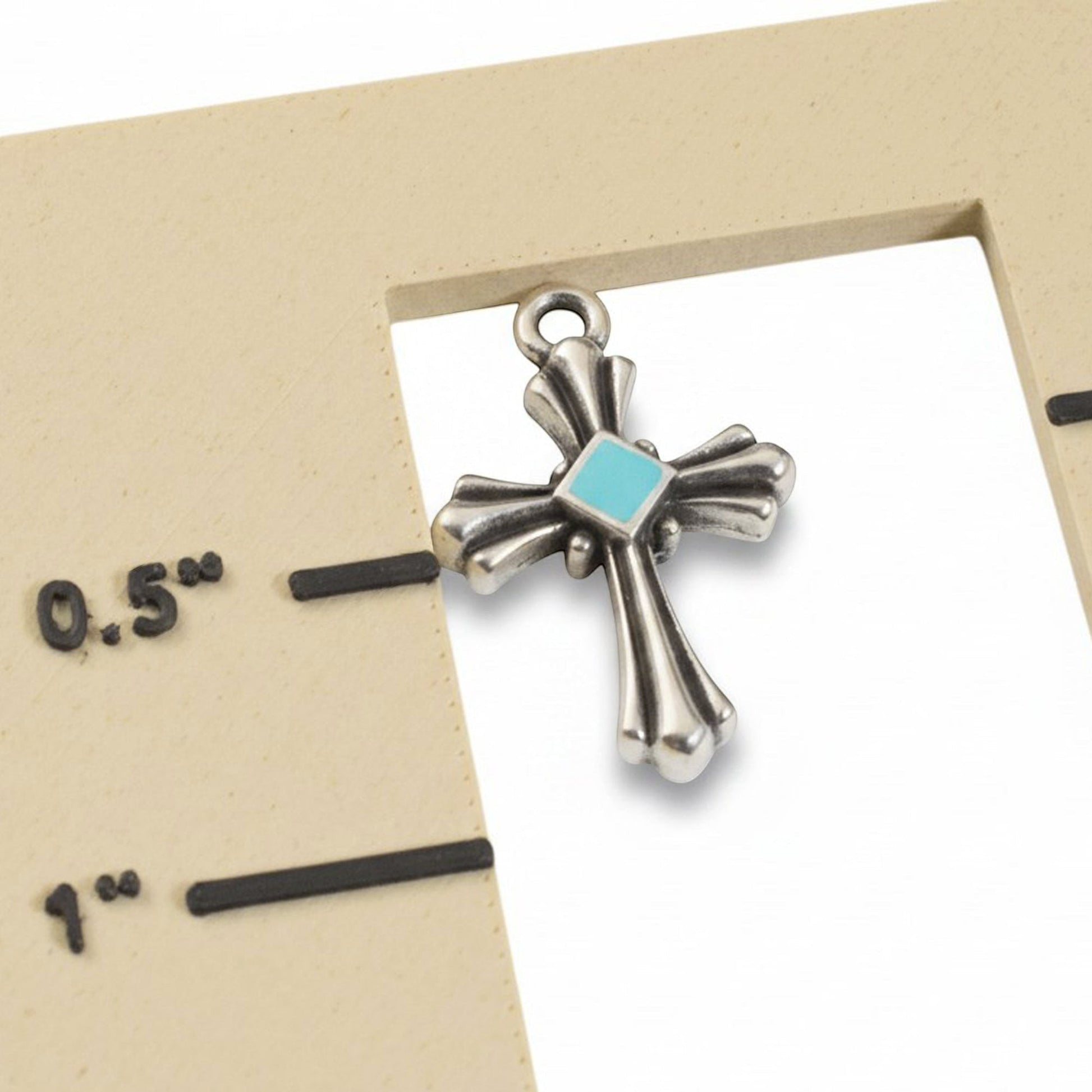 Hackberry Creek silver plated cross pendant with aqua enamel accent, art deco design, 15x23mm, sold as a 2-pack.
