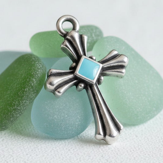 Hackberry Creek silver plated cross pendant with aqua enamel accent, art deco design, 15x23mm. Sold as a 2-pack.