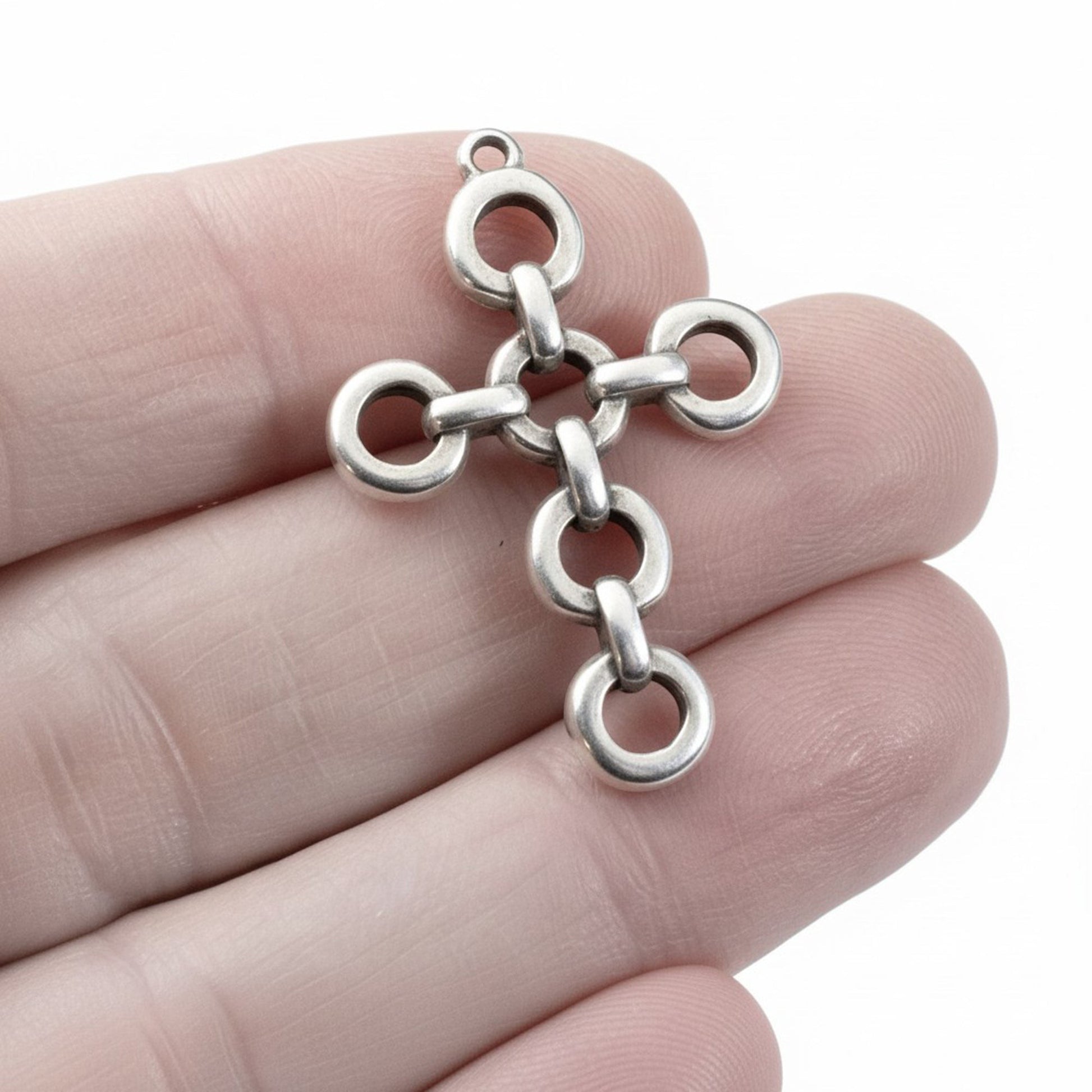 Hackberry Creek antique silver plated open chain link cross pendant with multiple connectors. European cast metal.