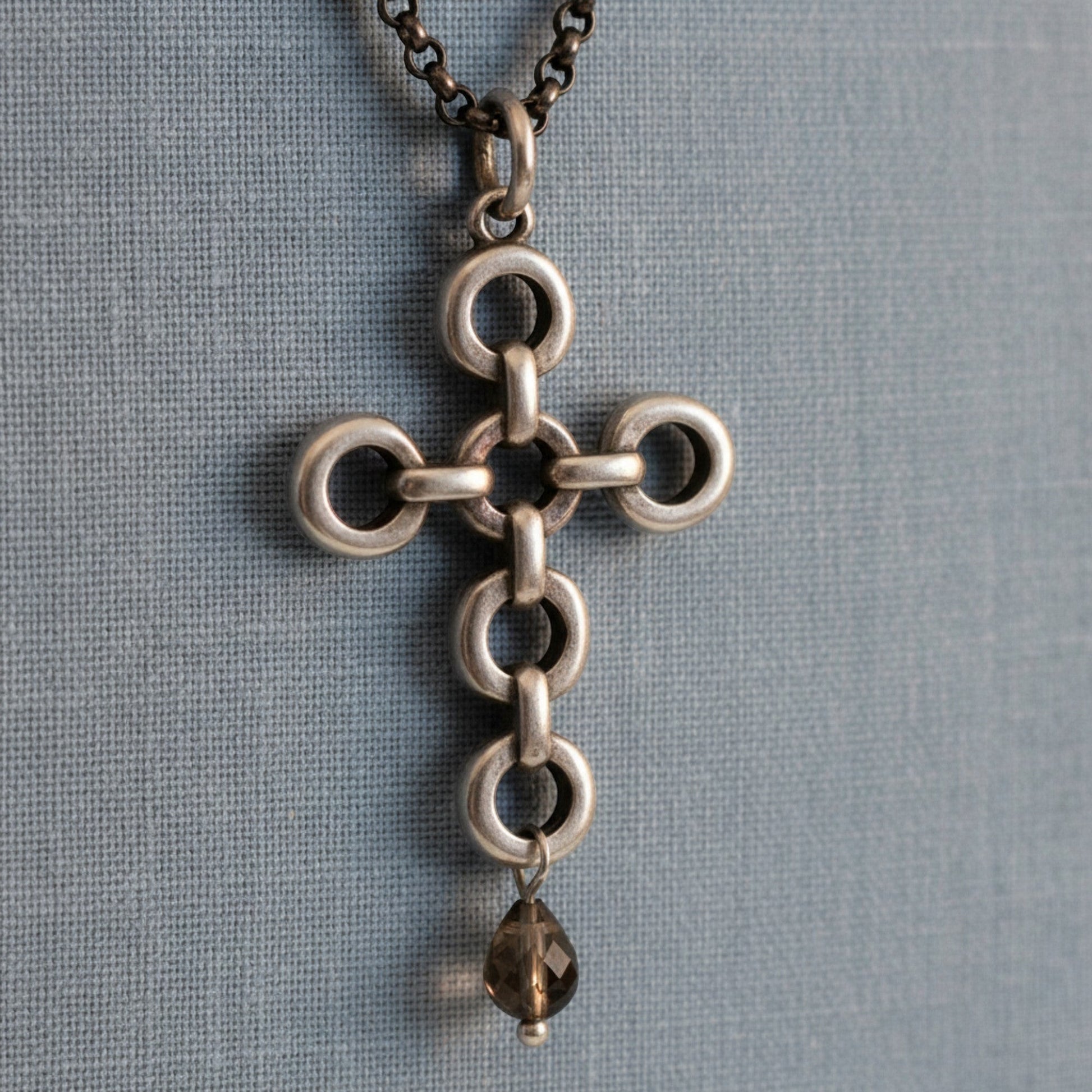 Hackberry Creek antique silver plated open chain link cross pendant with smoky quartz drop. Medieval style.