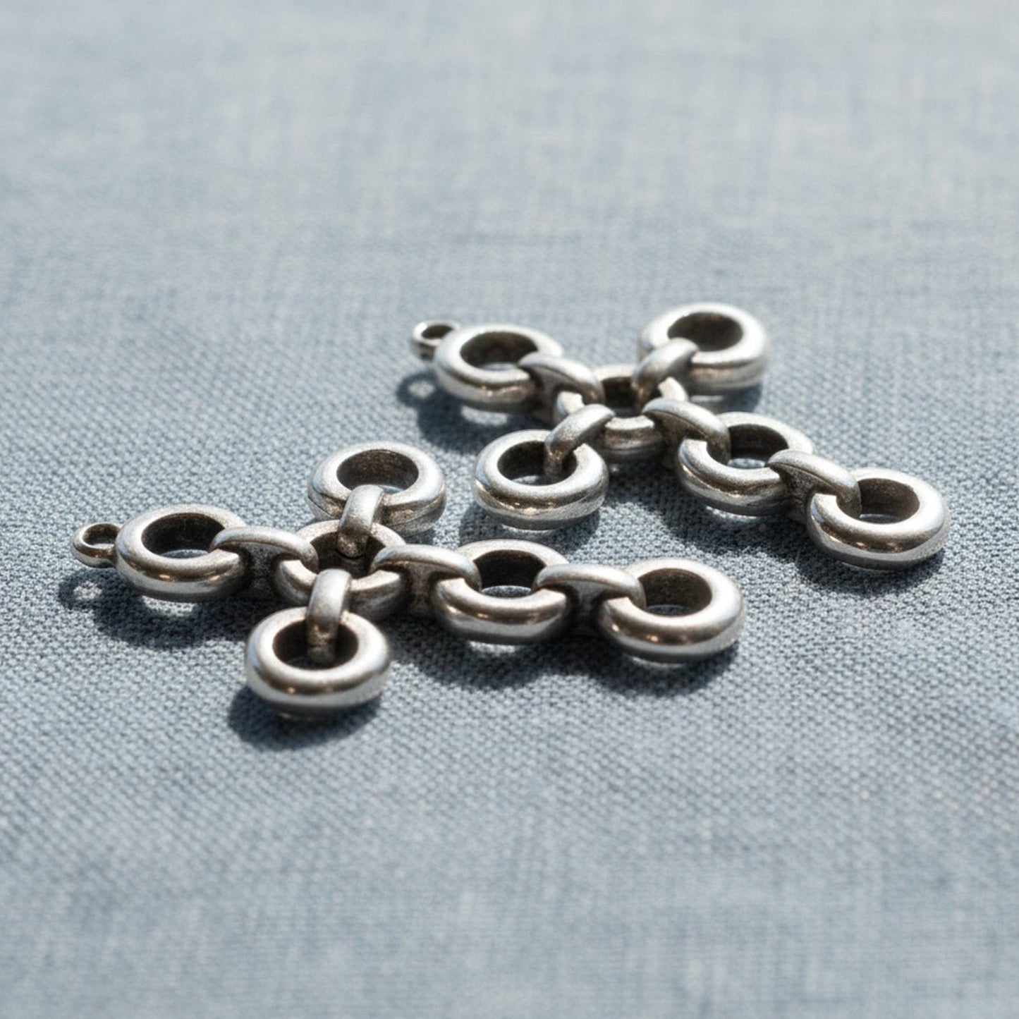 Hackberry Creek antique silver plated open chain-link cross pendants (2-pack). Medieval-inspired statement jewelry.