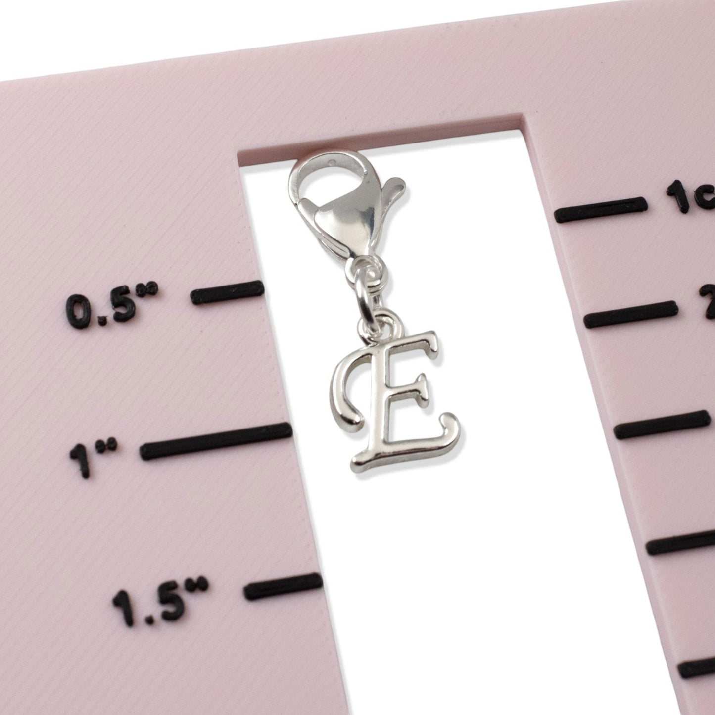 Hackberry Creek silver cursive letter E charm with lobster clasp for journals, planners, and charm bracelets.