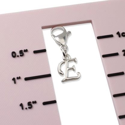 Hackberry Creek silver cursive letter E charm with lobster clasp for journals, planners, and charm bracelets.