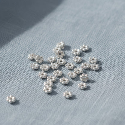 Hackberry Creek 50 bright silver 3mm daisy spacer beads, designed by TierraCast, made from lead-free pewter with fine silver plating.