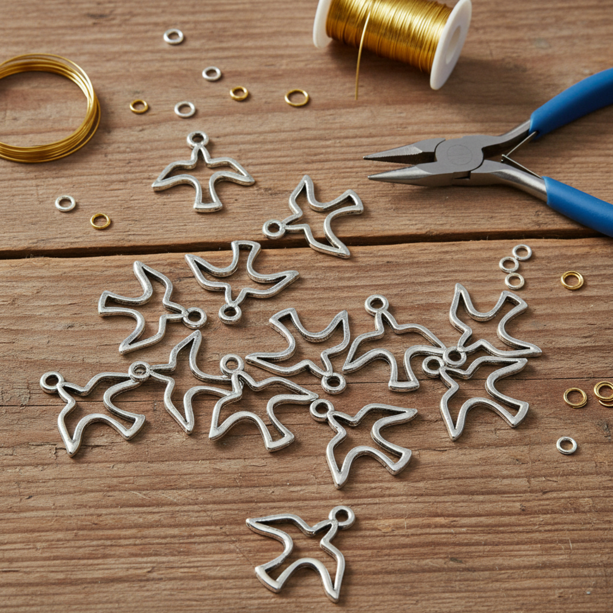 Hackberry Creek silver peace dove charms with open silhouette design on a wooden table with jewelry pliers and wire.