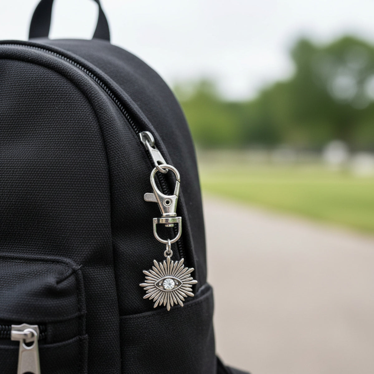 Hackberry Creek silver sunburst evil eye bag charm with a clear rhinestone accent clipped to a black backpack