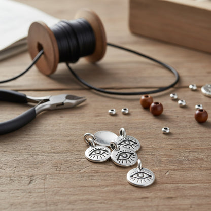 Hackberry Creek silver evil eye charm pendants with antique finish on a wooden table with leather cord and jewelry tools
