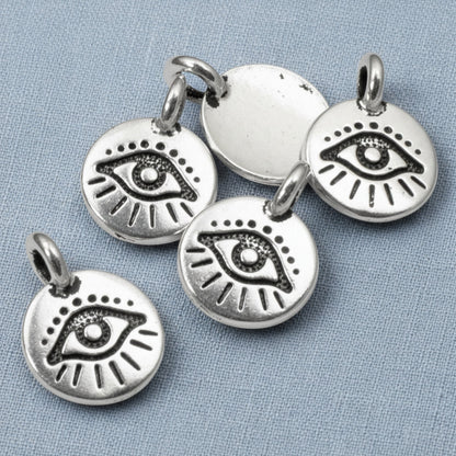 Hackberry Creek silver plated pewter evil eye coin charms with antique finish for jewelry making