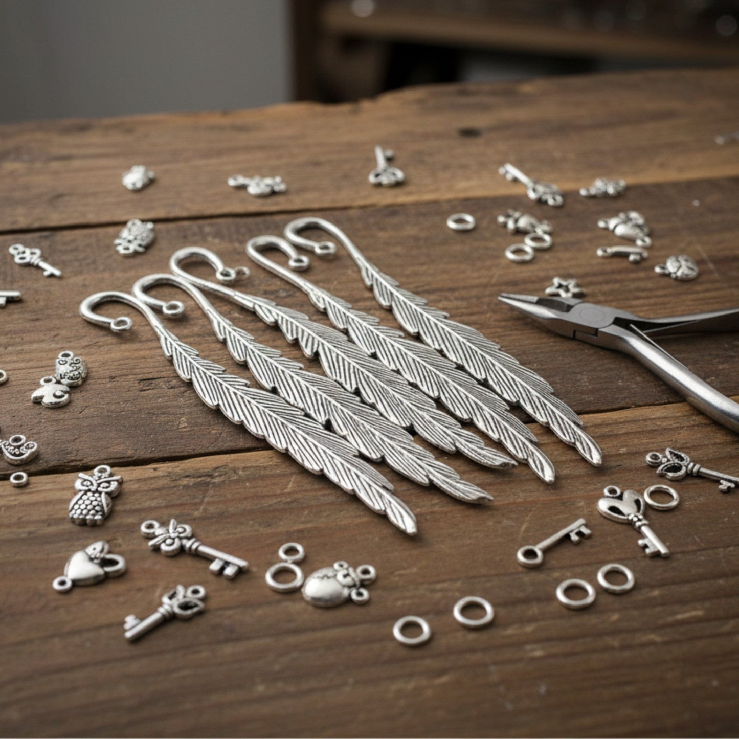 Hackberry Creek silver feather bookmark bases with assorted charms and pliers on a rustic wooden table