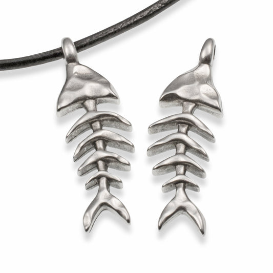 Hackberry Creek silver fishbone skeleton pendants with antique finish and textured detail on a black leather cord.