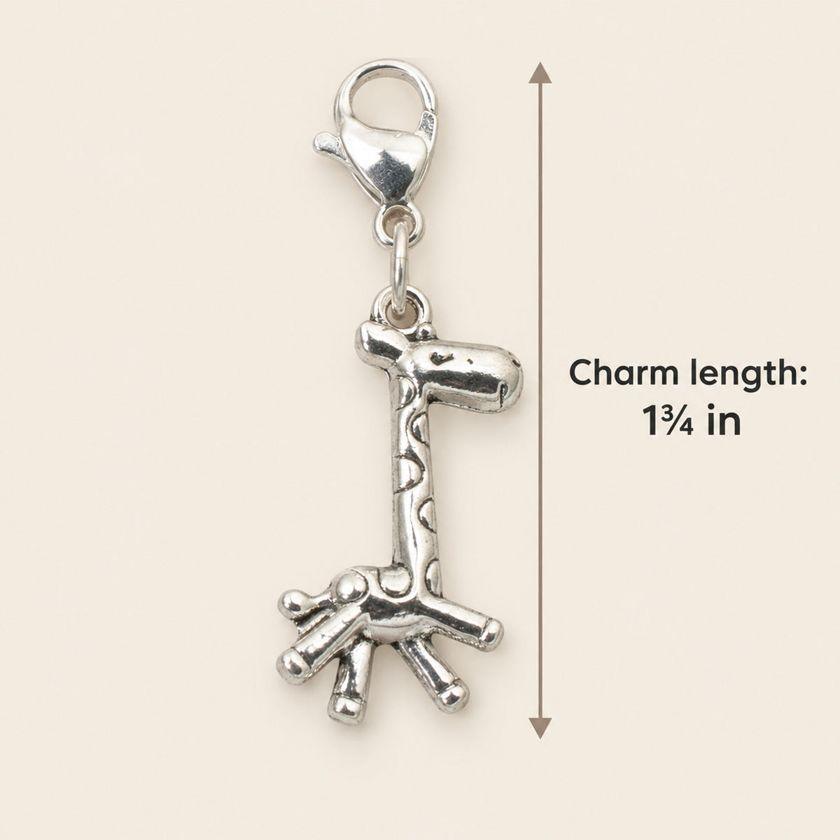 Hackberry Creek silver giraffe charm with a stainless steel lobster clasp for diaper bags and keychains