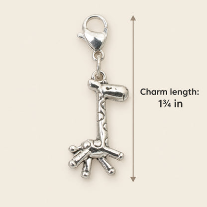 Hackberry Creek silver giraffe charm with a stainless steel lobster clasp for diaper bags and keychains