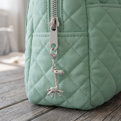 Hackberry Creek silver giraffe charm clipped to the zipper of a quilted mint green diaper bag