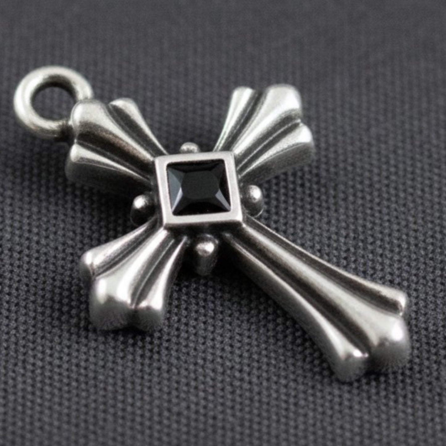 Hackberry Creek gothic cross pendant in antique silver plate with a square black enamel center accent
