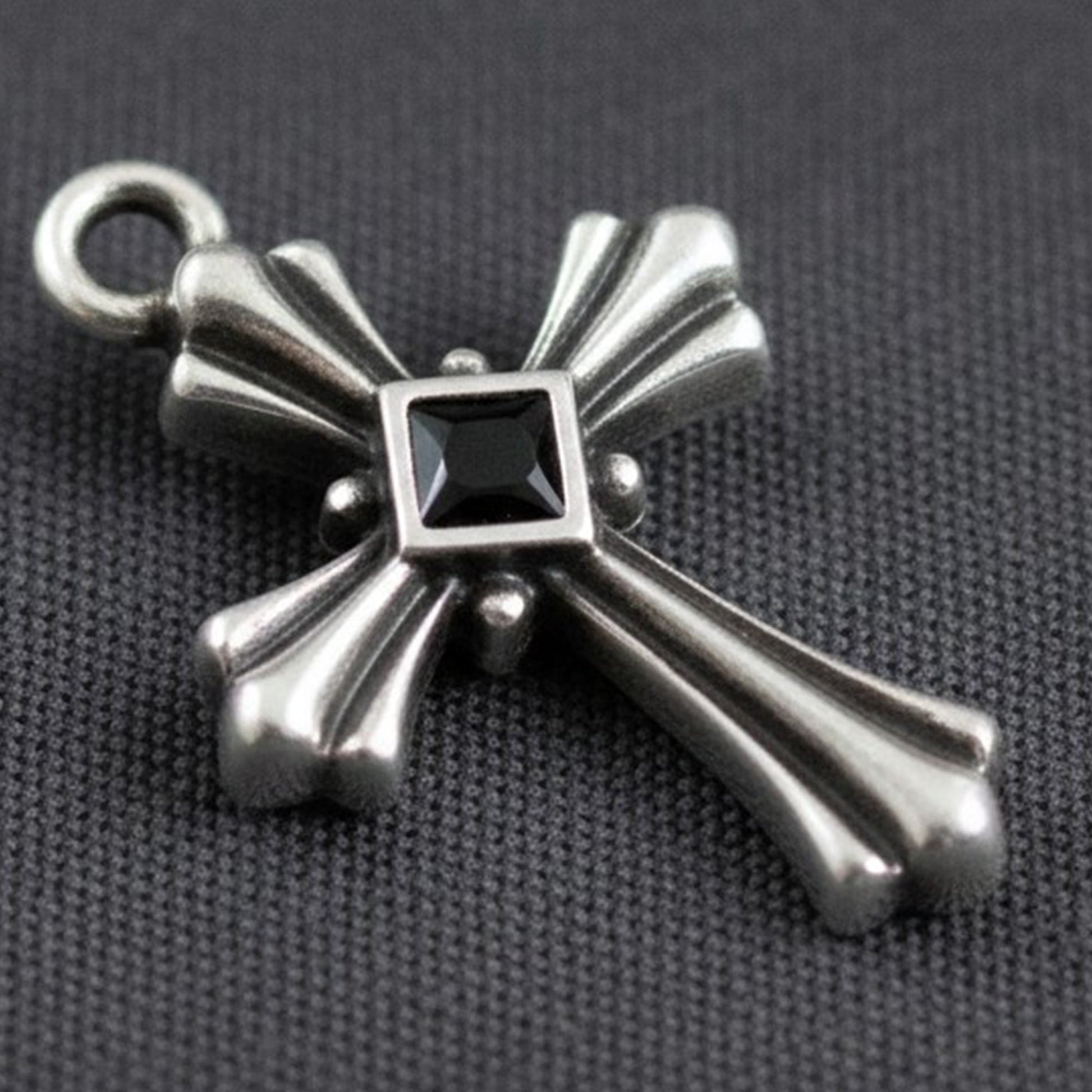 Hackberry Creek gothic cross pendant in antique silver plate with a square black enamel center accent
