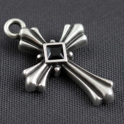 Hackberry Creek gothic cross pendant in antique silver plate with a square black enamel center accent