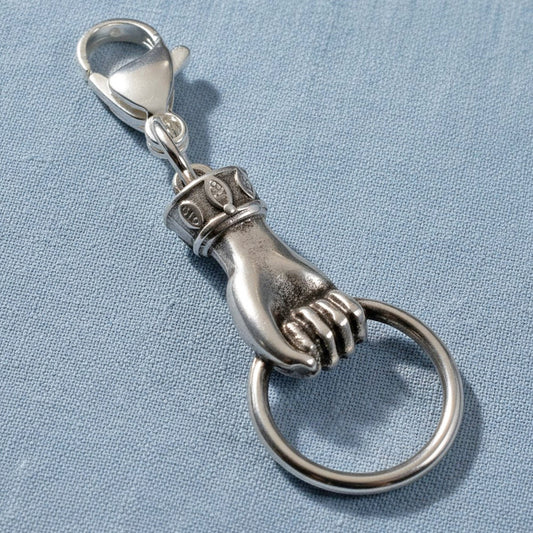 Hackberry Creek silver hand charm holder with lobster clasp for necklaces, keychains, or DIY eyeglass accessories.
