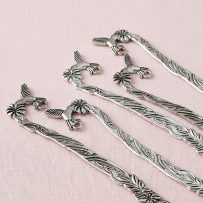 Hackberry Creek set of 5 antique silver zinc alloy metal bookmark blanks with hummingbird and flower designs