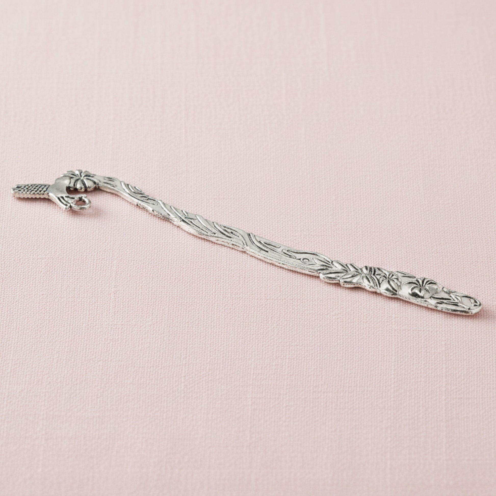 Hackberry Creek antique silver metal bookmark blank featuring a detailed hummingbird and flower design on a hook shape