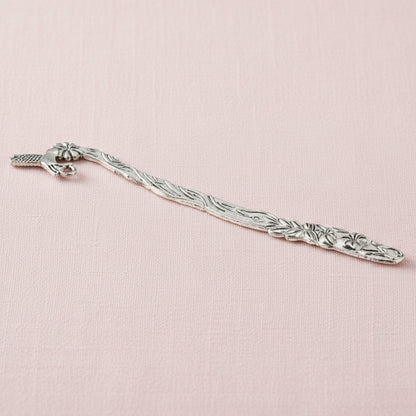 Hackberry Creek antique silver metal bookmark blank featuring a detailed hummingbird and flower design on a hook shape