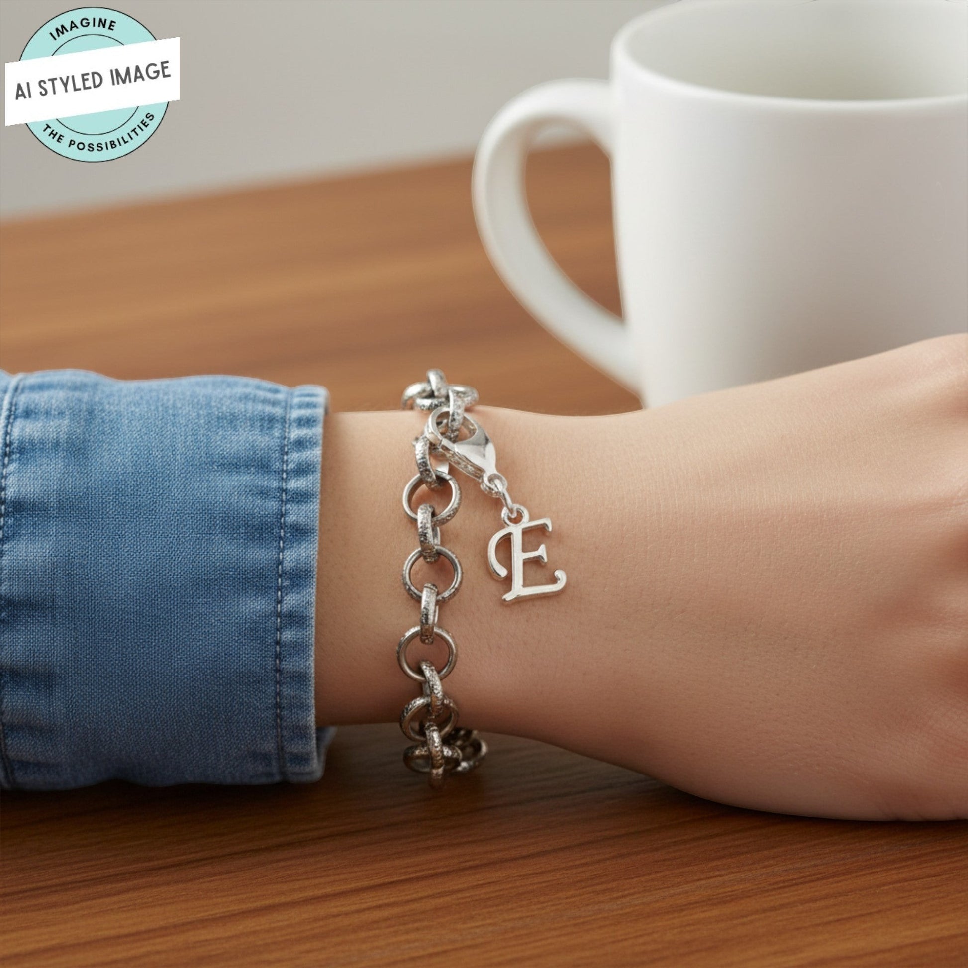 Hackberry Creek silver cursive letter E charm on a chain bracelet, worn on a wrist with a denim sleeve.