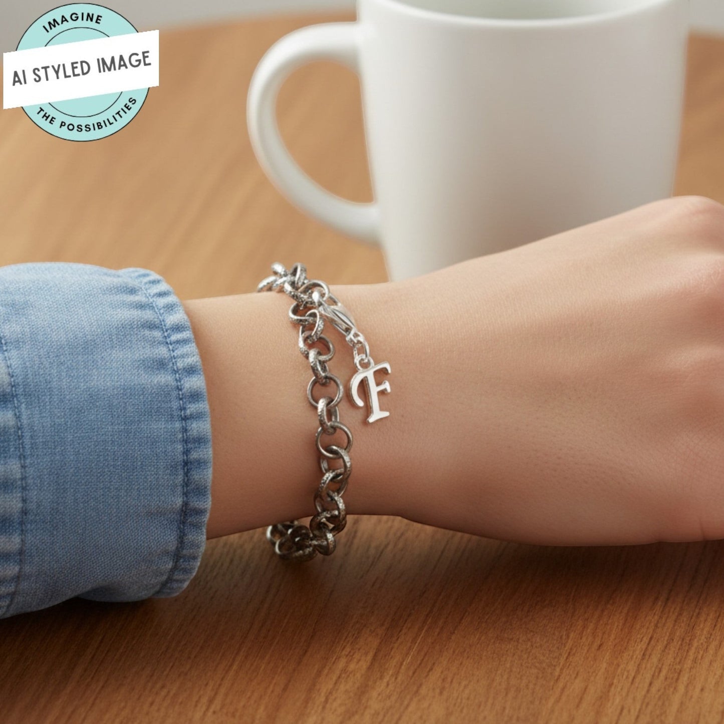 Hackberry Creek silver cursive letter F charm on a chain bracelet, worn on a wrist with a white mug in the background.