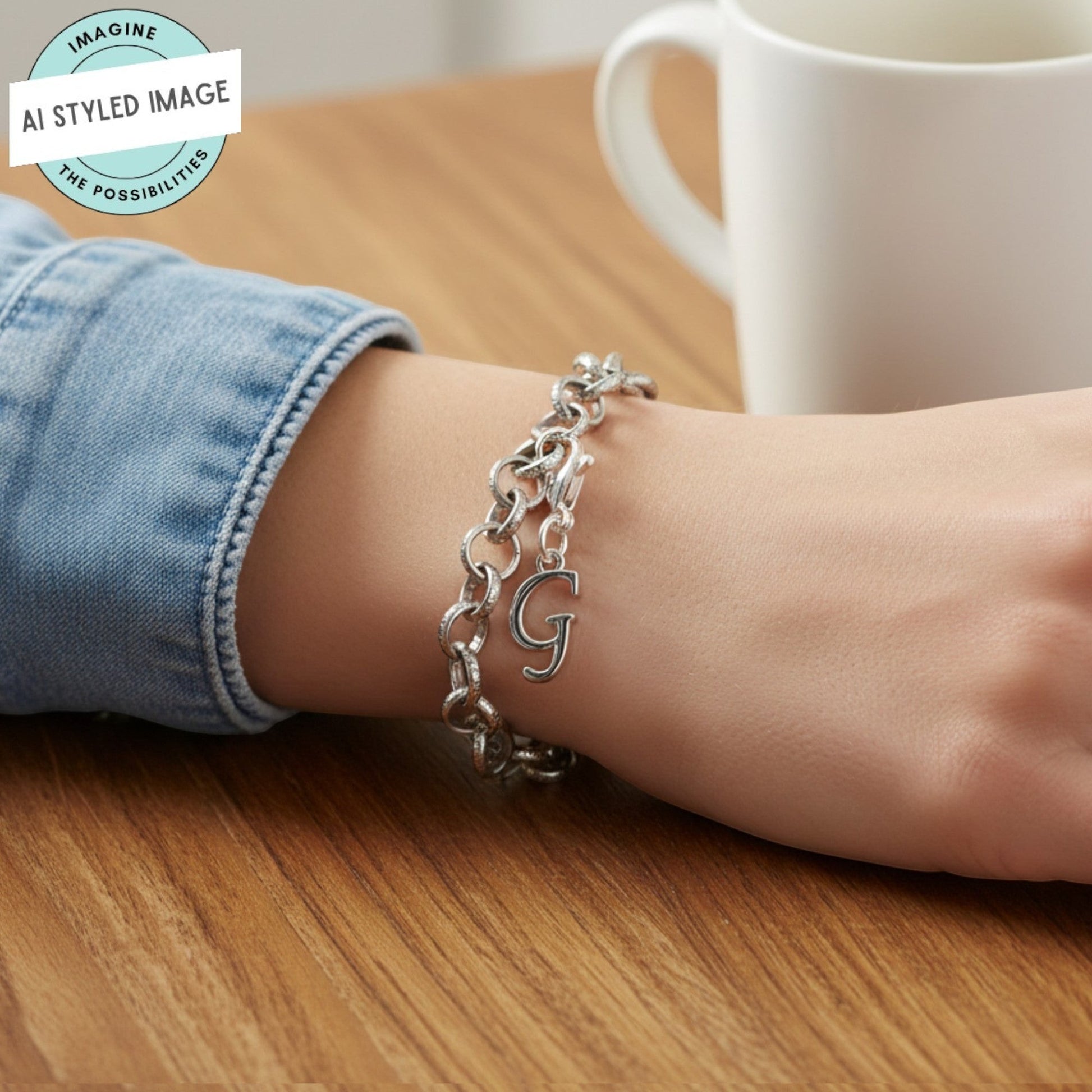 Hackberry Creek silver cursive letter G charm on a chain bracelet worn on a wrist with a denim sleeve