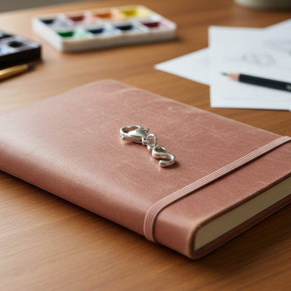Hackberry Creek silver cursive letter S charm with lobster clasp resting on a pink leather planner cover.