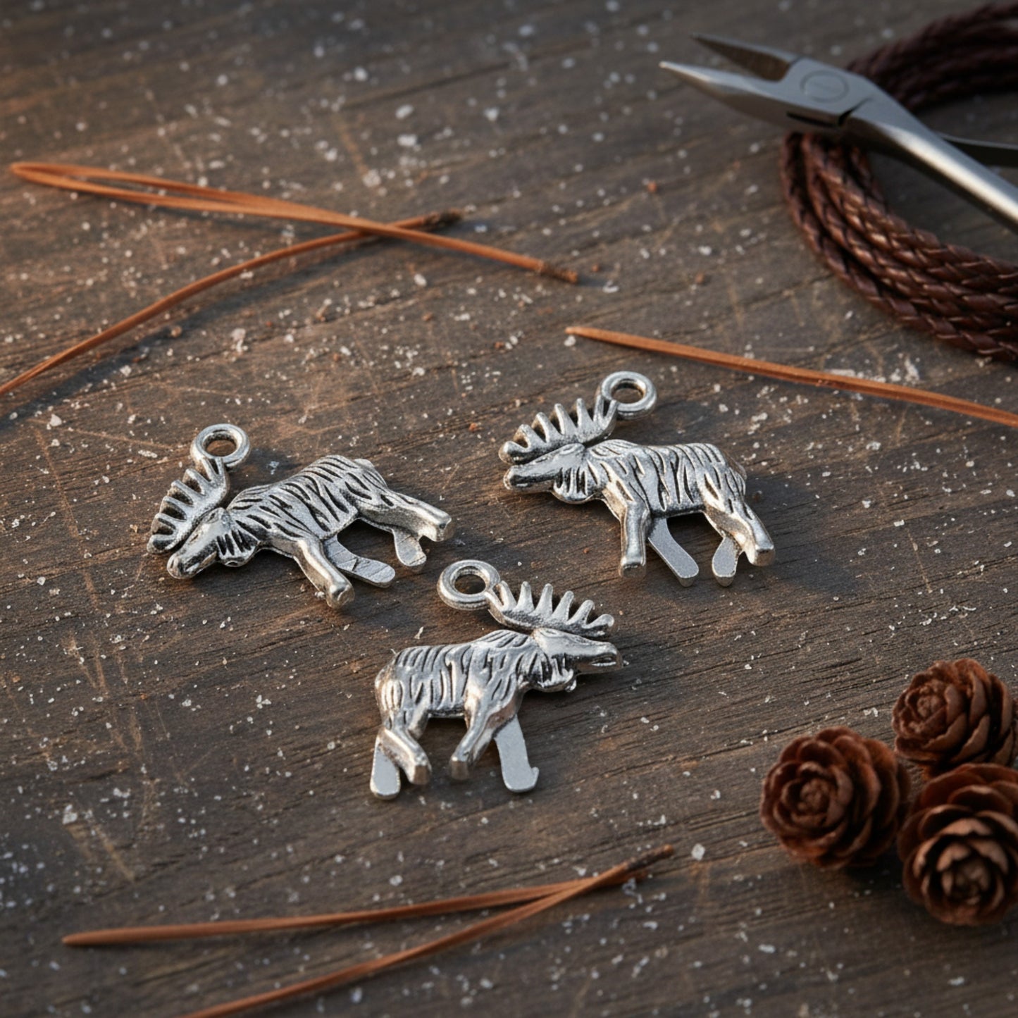 Hackberry Creek silver moose charms with detailed walking design on a rustic wooden surface with pine needles.