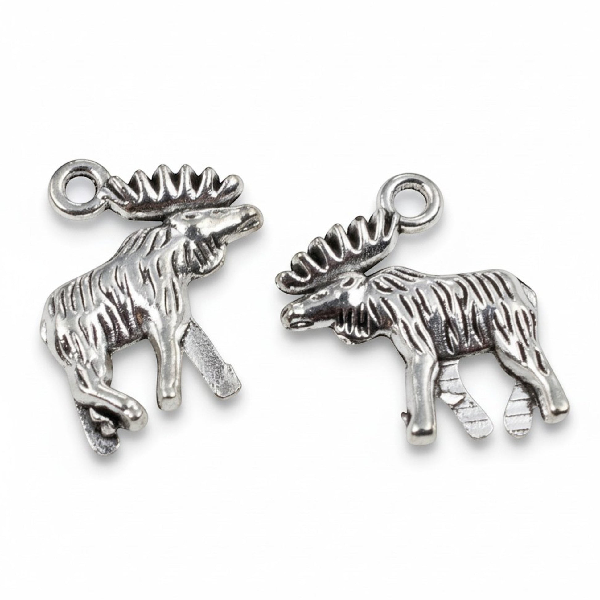 Hackberry Creek silver metal moose charms with detailed walking design for nature-themed jewelry making
