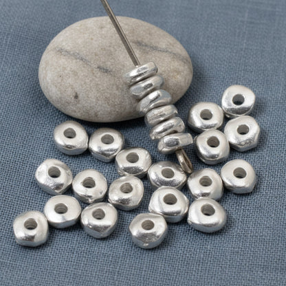 Hackberry Creek bright silver nugget beads, 5mm organic shape metal spacer beads for jewelry making.