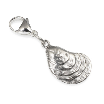 Hackberry Creek silver-plated pewter oyster shell charm with a stainless steel lobster clasp for coastal jewelry.