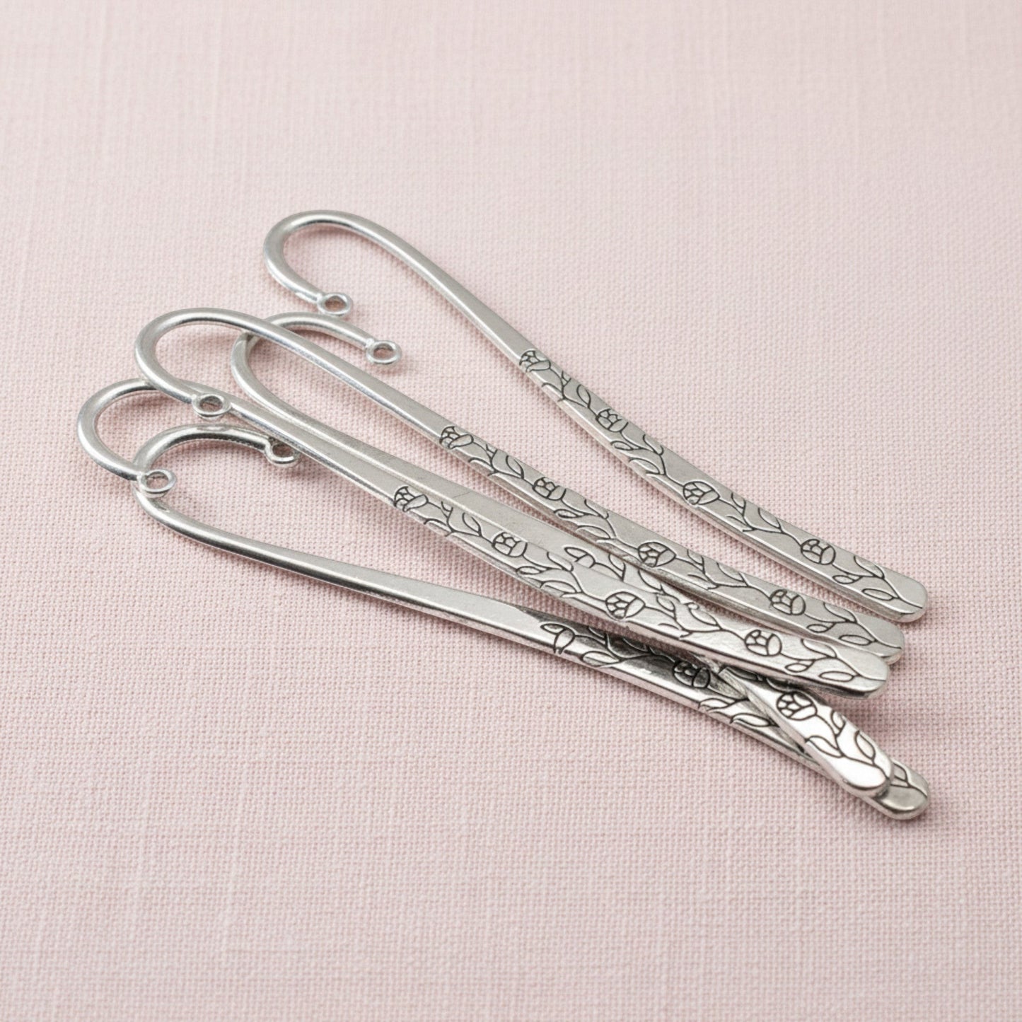 Hackberry Creek antique silver metal shepherd hook bookmarks with etched rose and vine floral patterns