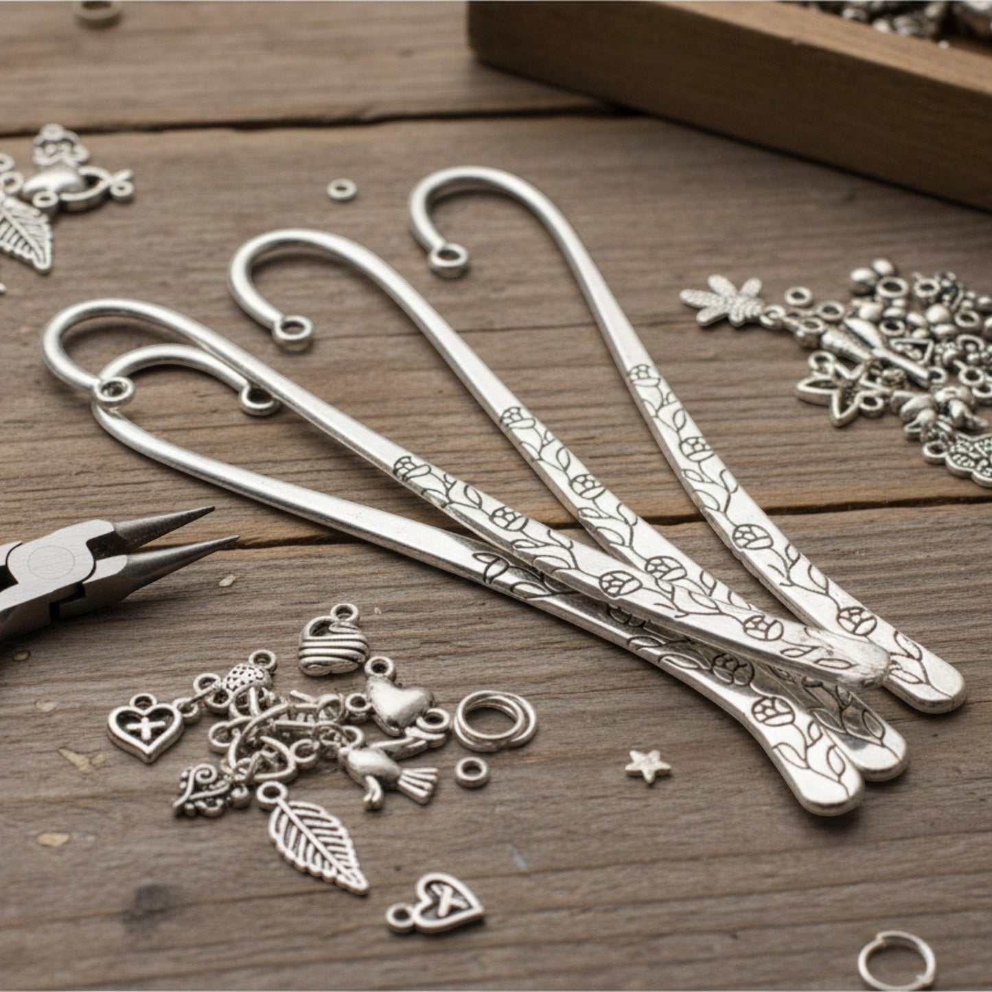 Hackberry Creek antique silver shepherd hook bookmarks with etched rose and vine patterns for DIY charm projects.