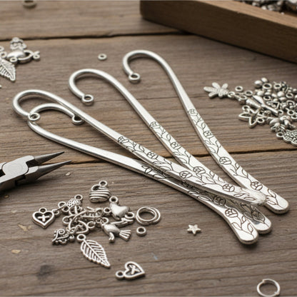 Hackberry Creek antique silver shepherd hook bookmarks with etched rose and vine patterns for DIY charm projects.