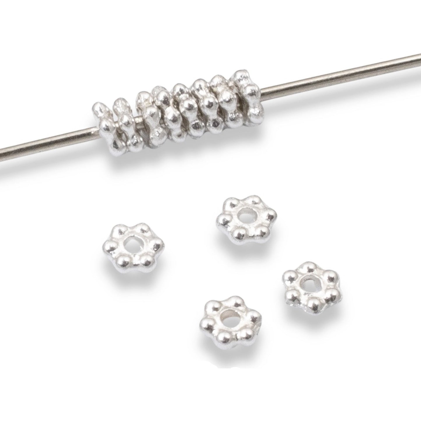 Hackberry Creek 50 bright silver 3mm daisy spacer beads made of lead-free pewter with fine silver plating.