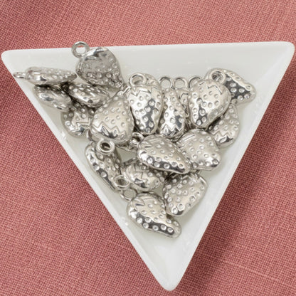 Hackberry Creek silver strawberry charms with textured detail and a loop for jewelry making. 20-pack.