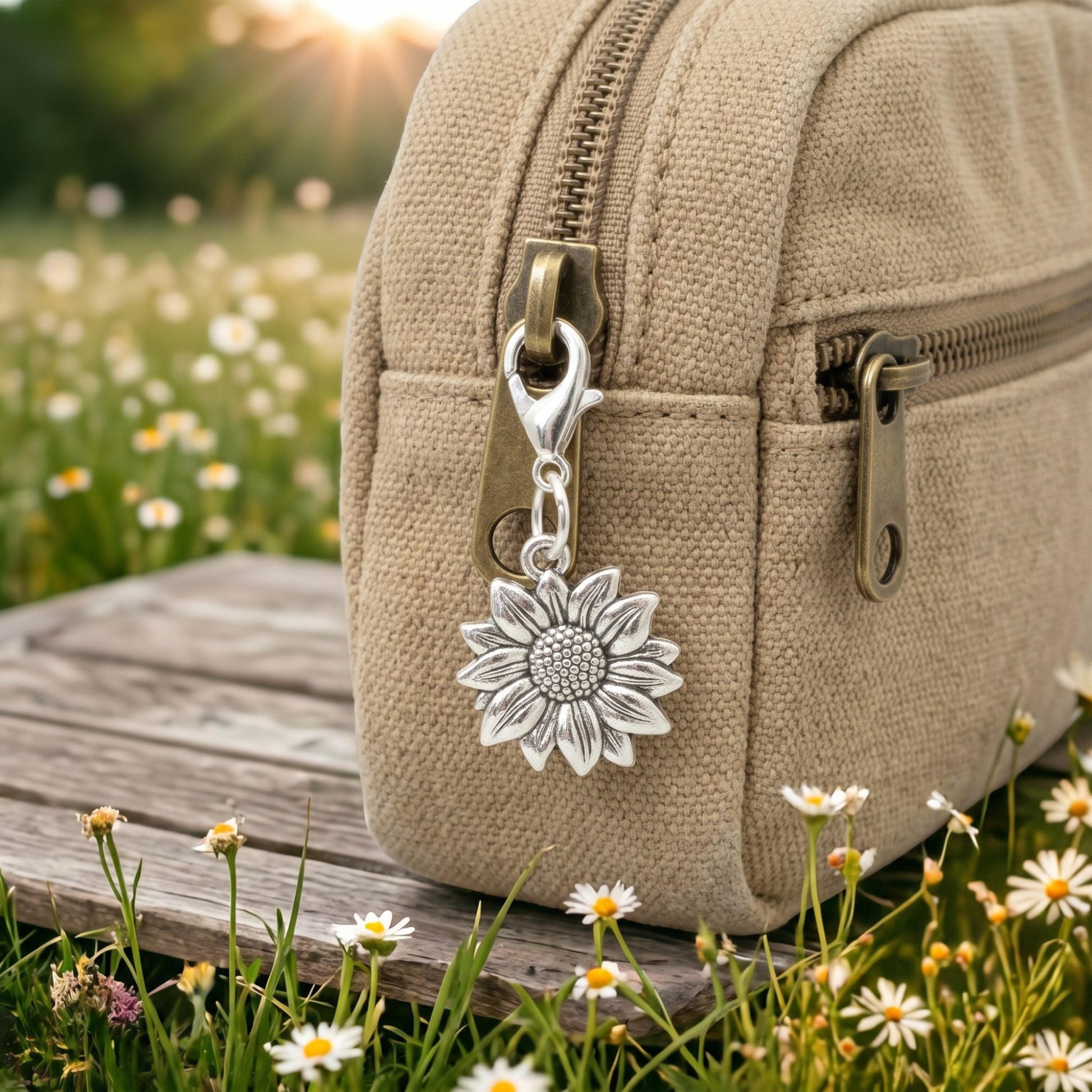 Hackberry Creek silver-plated sunflower charm clipped to a beige canvas bag in a sunny field of daisies.