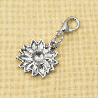 Hackberry Creek silver-plated sunflower clip-on charm for bags and journals with a secure lobster clasp