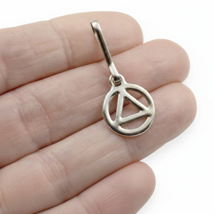 Hackberry Creek silver triangle charm with stainless steel clip for sobriety and recovery gifts.