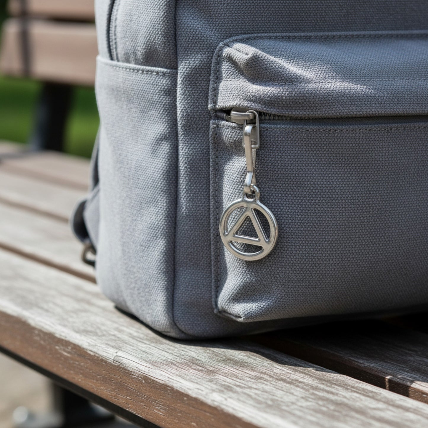 Hackberry Creek silver triangle sobriety charm with stainless steel clip. Inspirational symbol for recovery.