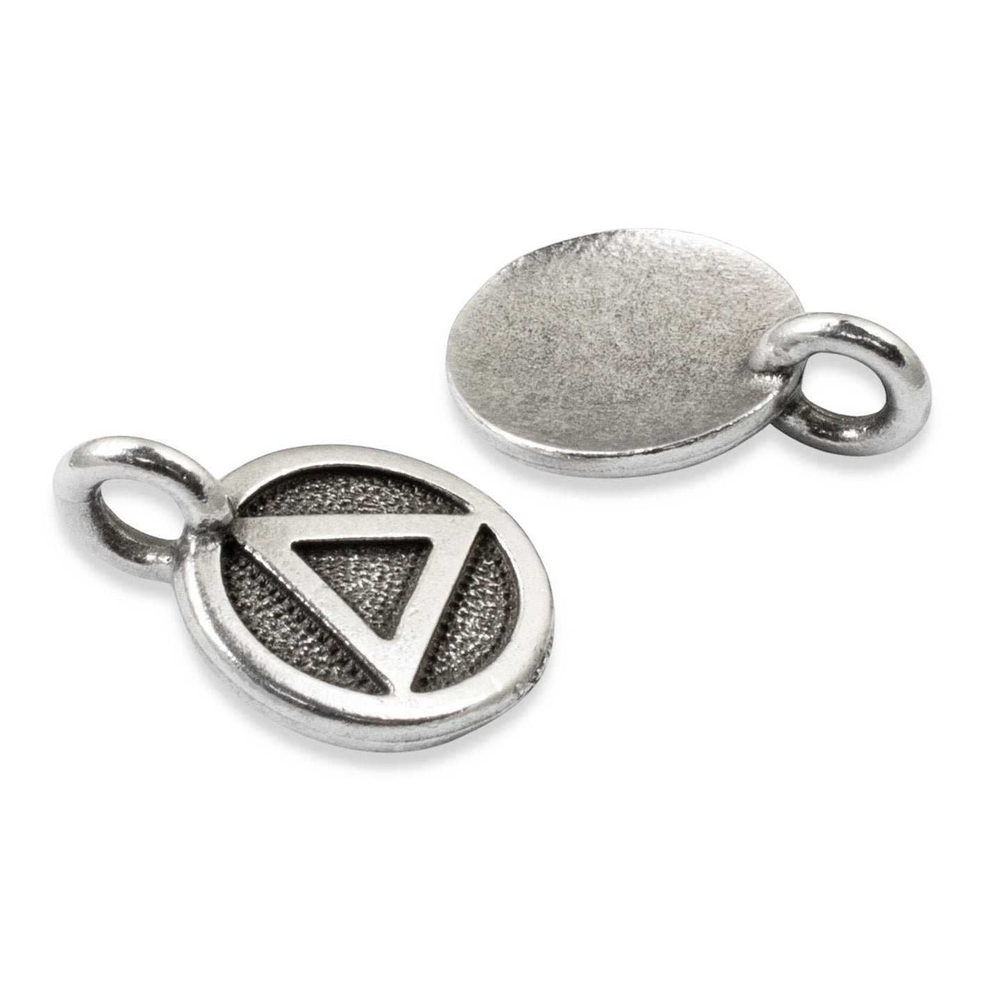 Hackberry Creek silver triangle recovery charms with sacred geometry symbol, antique oxidized finish, 12mm x 16mm.