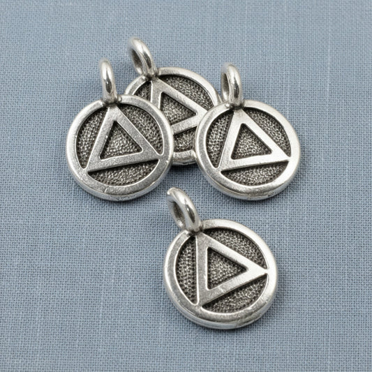 Hackberry Creek 4pc silver triangle recovery charms with antique oxidized finish, sacred geometry symbol for spiritual jewelry.