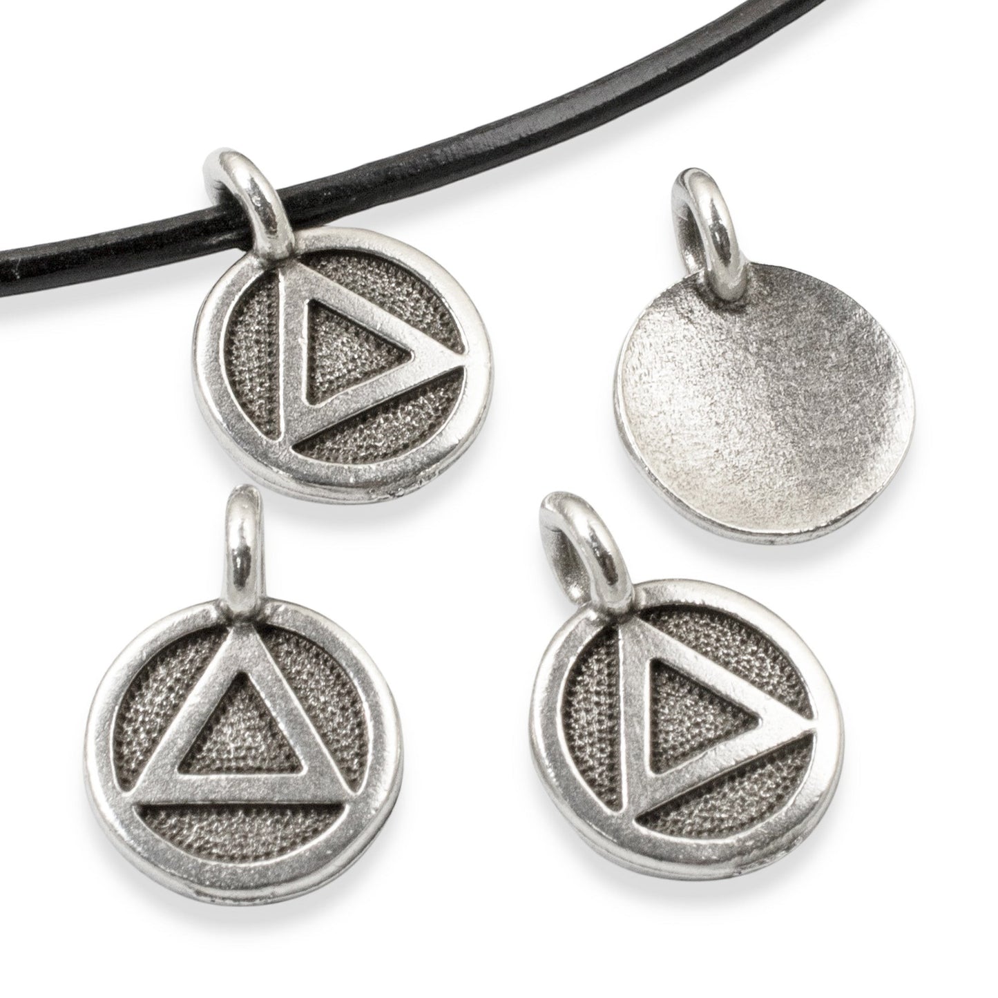 Hackberry Creek 4pc silver triangle recovery charms with antique oxidized finish on black leather cord.