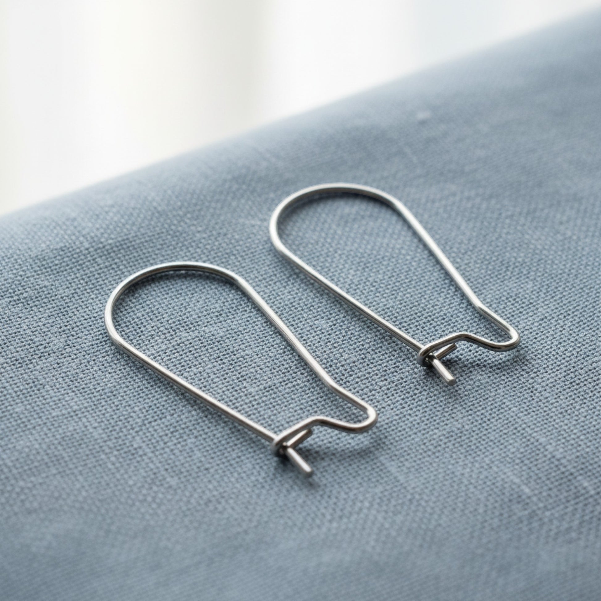 Hackberry Creek 25mm stainless steel kidney ear wires with safety hook closure, 21 gauge, bright finish.