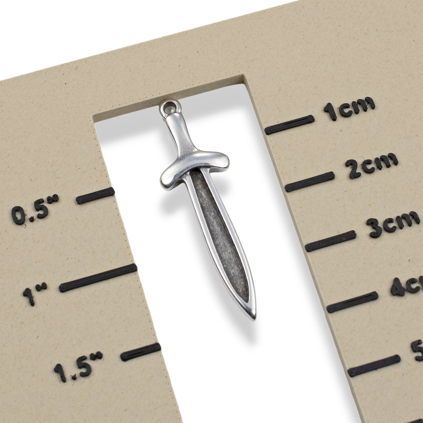 Hackberry Creek antique silver plated Zamak sword dagger charm, 38.5mm long, double-sided with recessed front for enamel.
