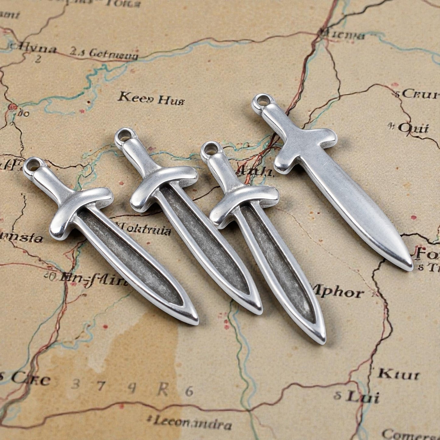 Hackberry Creek 4 antique silver sword dagger charms with recessed fronts for enamel, medieval fantasy jewelry making.